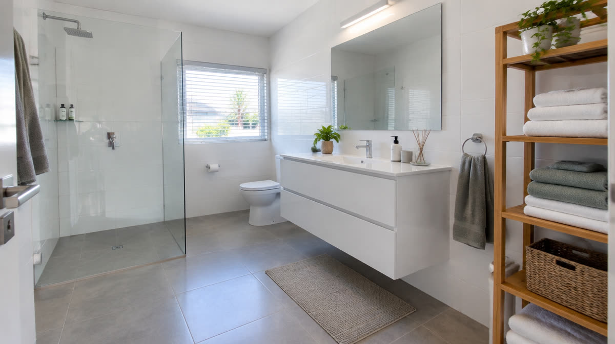 Modern bathroom with walk-in shower and floating vanity