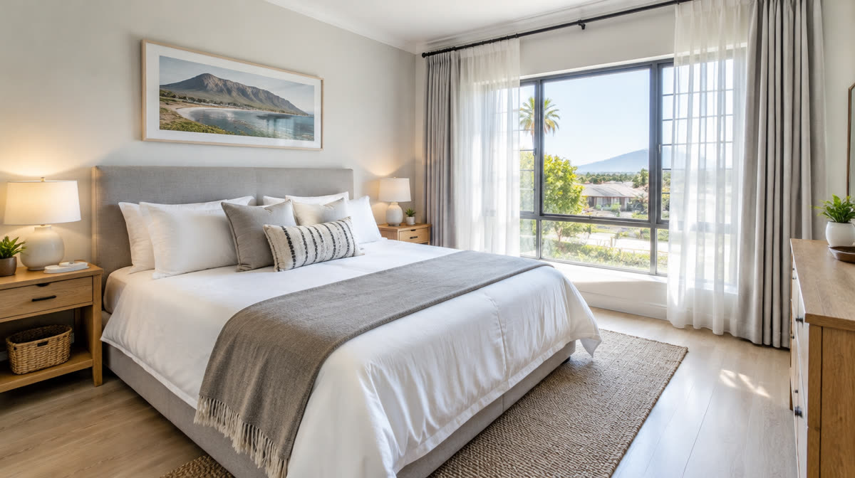 Main bedroom with large window and mountain view