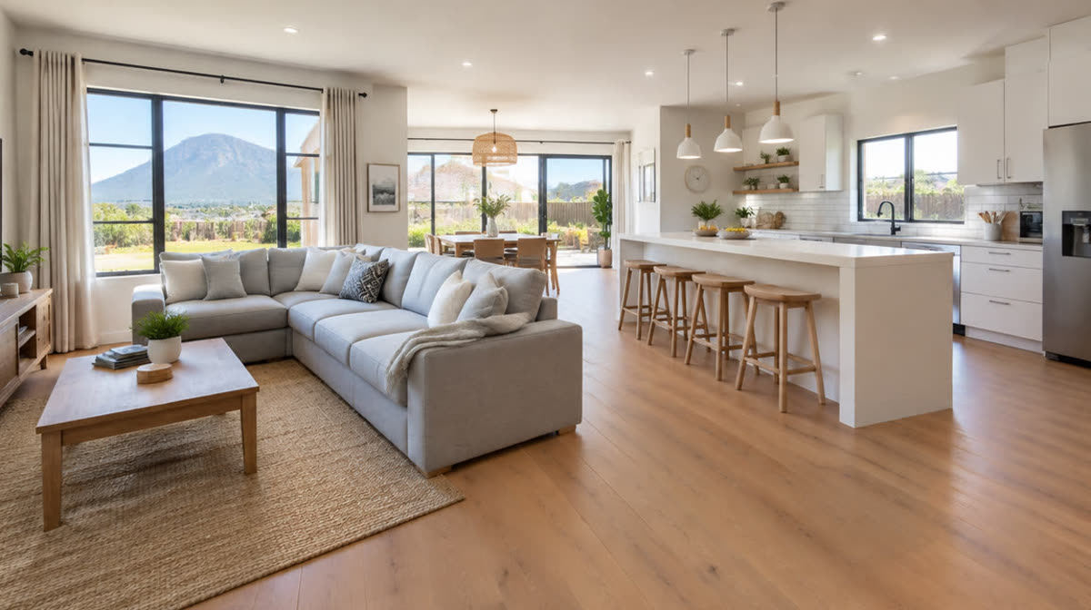 Lounge and kitchen after refurbishment: bright, straight and colour-corrected