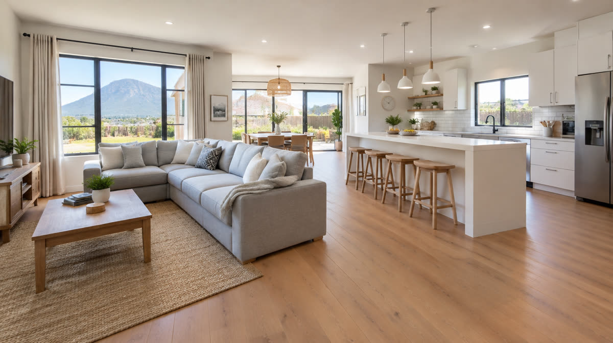 Open-plan lounge and kitchen with mountain views
