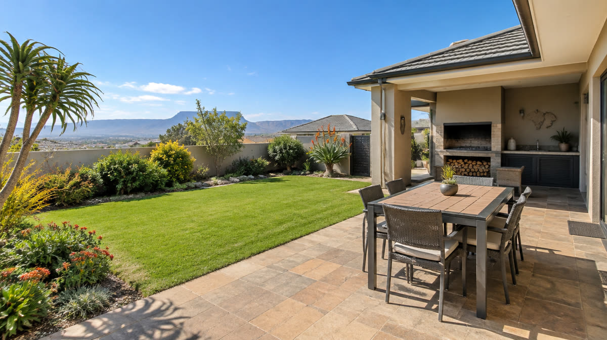 Covered patio with built-in braai, dining table and garden